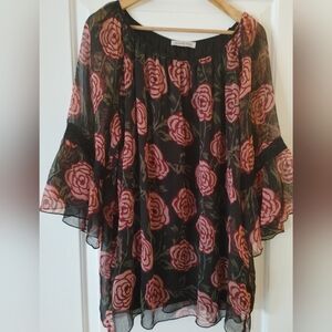 Hamilton Black Sheer Blouse with Pink Rose Print